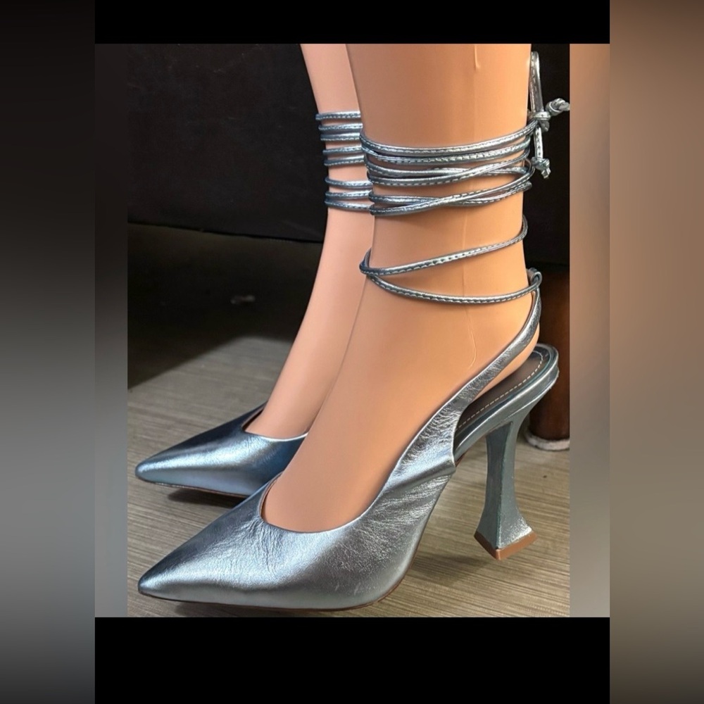 Schutz Allysa Slingback Heels Metallic Leather Lace Up in Blue Size 6B